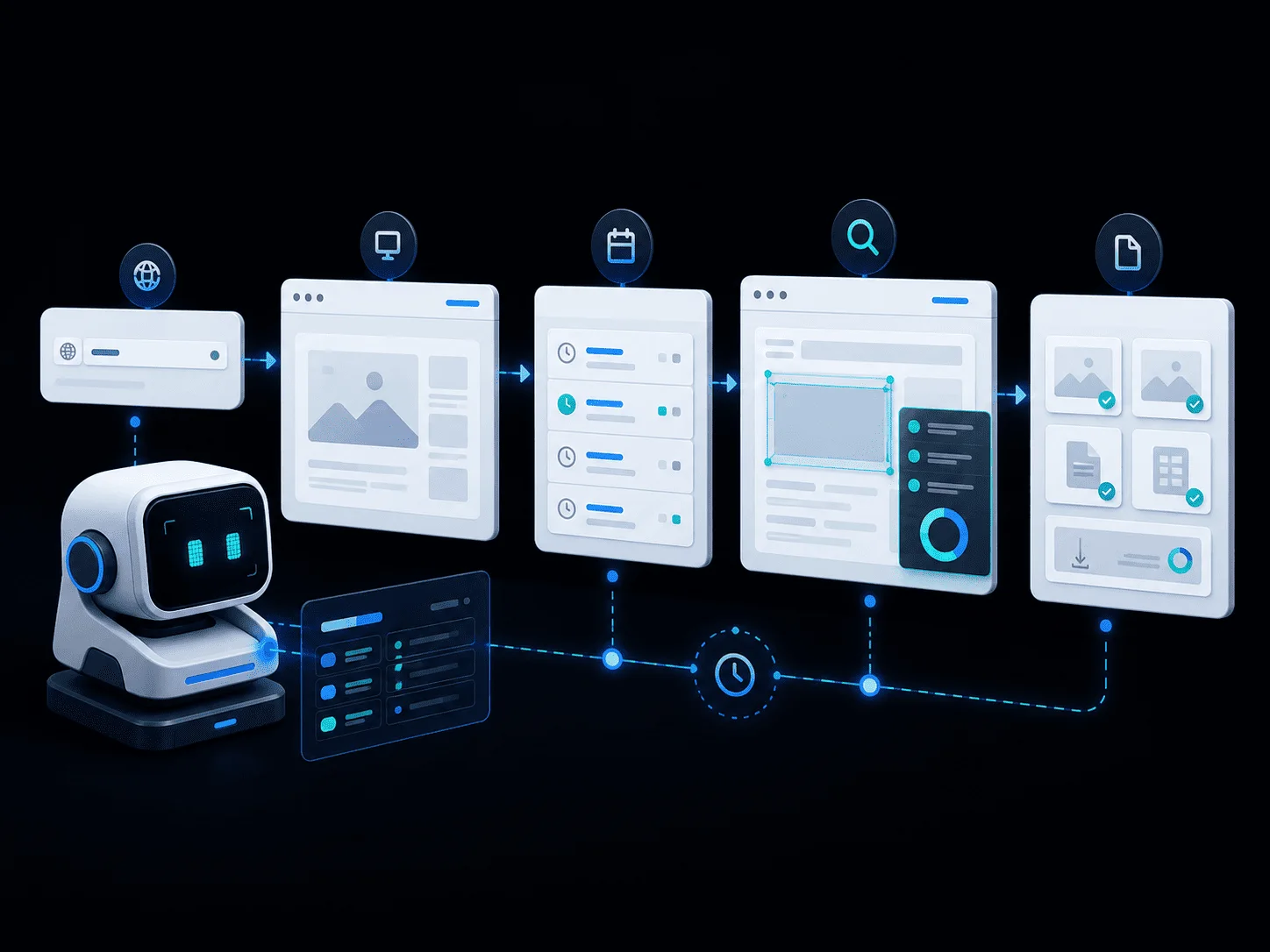 Automation Services visual showing a robot assistant connected to browser automation, crawling, scheduled runs, analysis, and evidence outputs