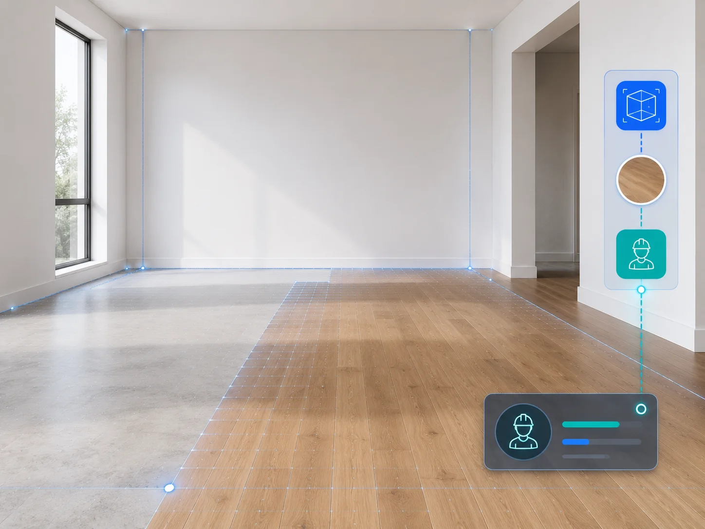 Surflo visual showing a measured room with flooring simulation and installer connection
